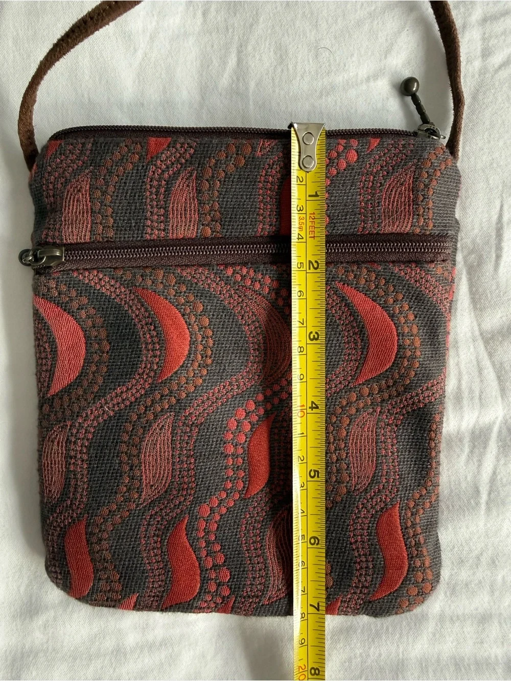 Maruca Sparrow Crossbody Bag Purse Made In Boulder, CO Red Black Swirl Pockets